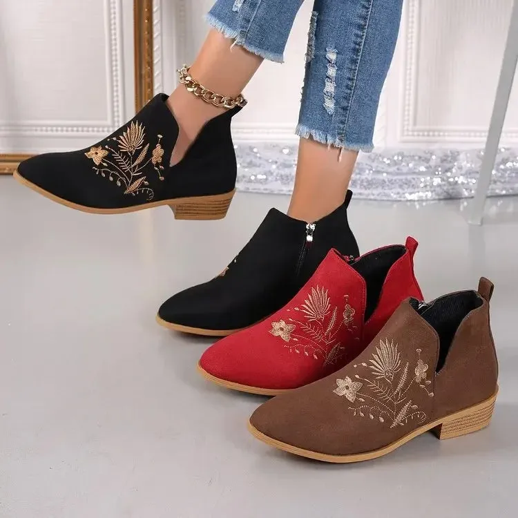 Fashion Retro Ankle Boots Embroidered Pointed Toe Loafers Elegant Casual Low Heels Shoes Moccasin Shoes Party Formal Women