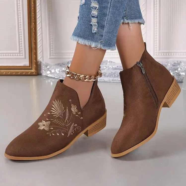 Fashion Retro Ankle Boots Embroidered Pointed Toe Loafers Elegant Casual Low Heels Shoes Moccasin Shoes Party Formal Women