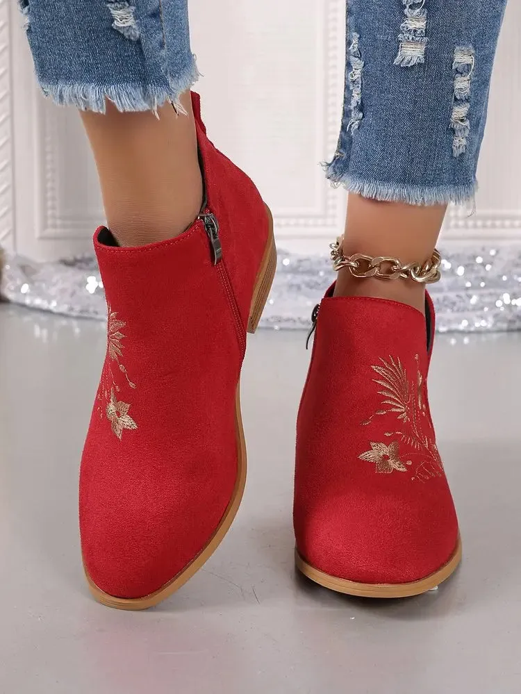Fashion Retro Ankle Boots Embroidered Pointed Toe Loafers Elegant Casual Low Heels Shoes Moccasin Shoes Party Formal Women