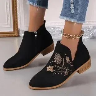 Fashion Retro Ankle Boots Embroidered Pointed Toe Loafers Elegant Casual Low Heels Shoes Moccasin Shoes Party Formal Women