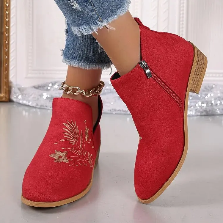 Fashion Retro Ankle Boots Embroidered Pointed Toe Loafers Elegant Casual Low Heels Shoes Moccasin Shoes Party Formal Women