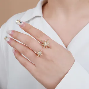 Gold Plated Micro Pave Double Starburst Trendy Adjustable Ring