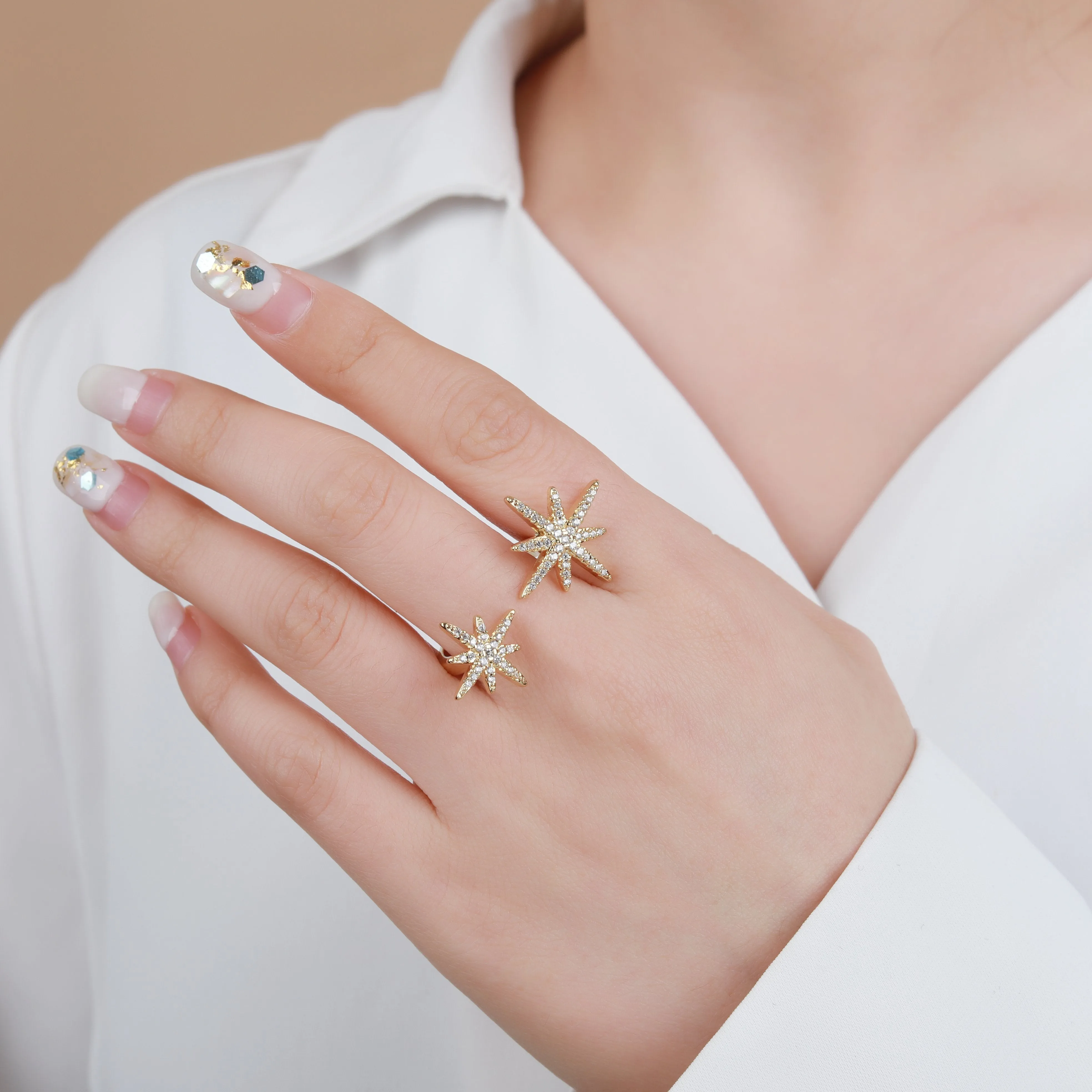 Gold Plated Micro Pave Double Starburst Trendy Adjustable Ring