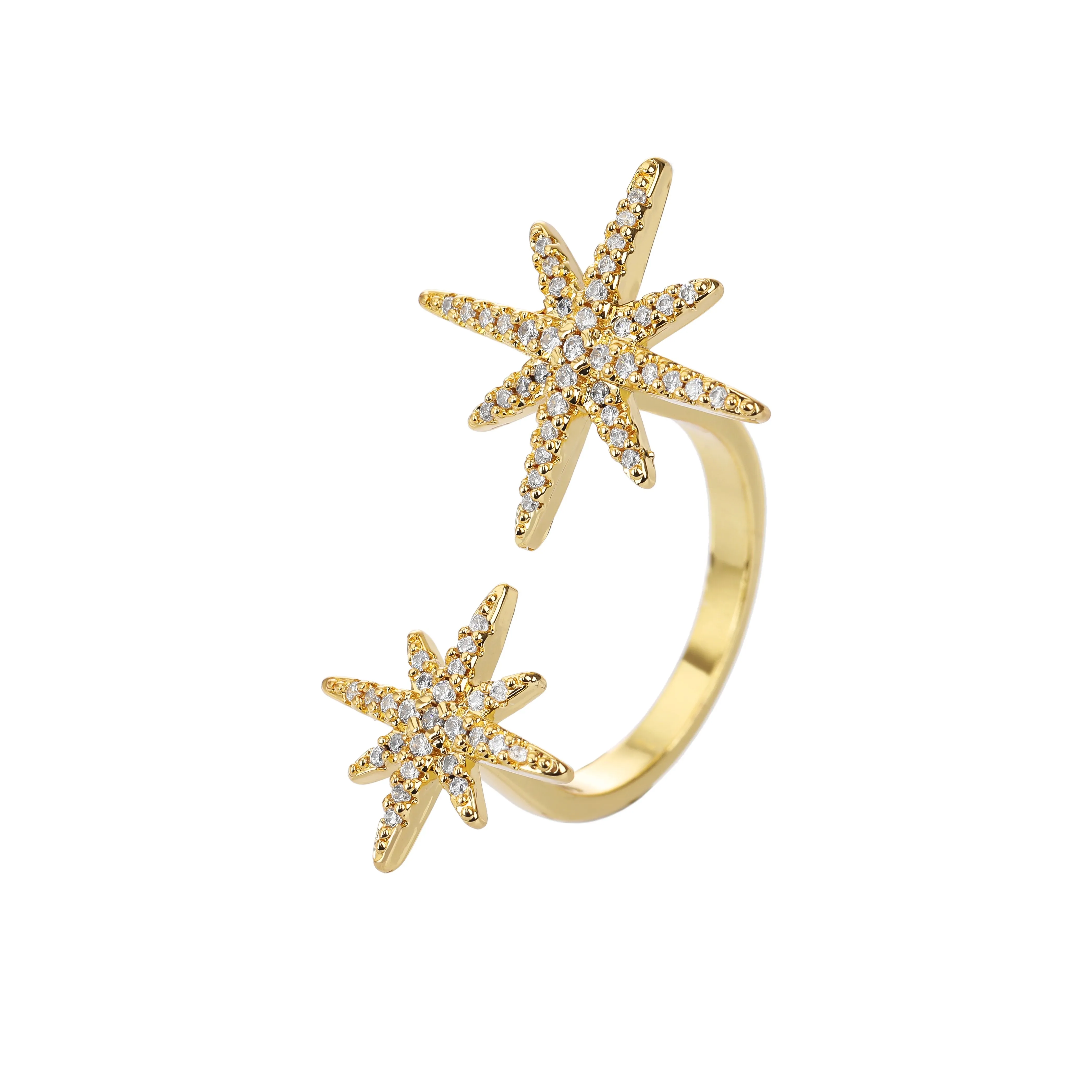Gold Plated Micro Pave Double Starburst Trendy Adjustable Ring