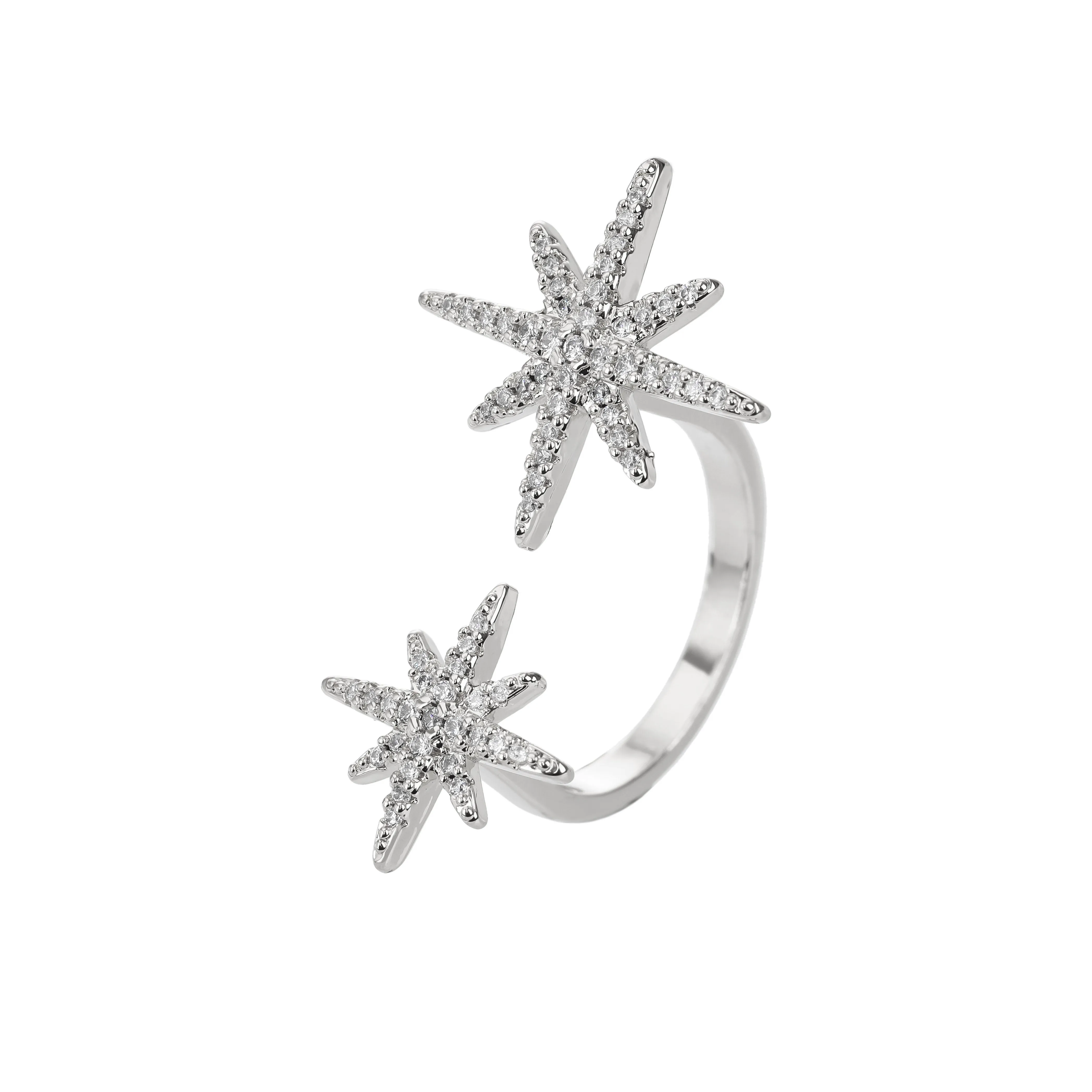 Gold Plated Micro Pave Double Starburst Trendy Adjustable Ring