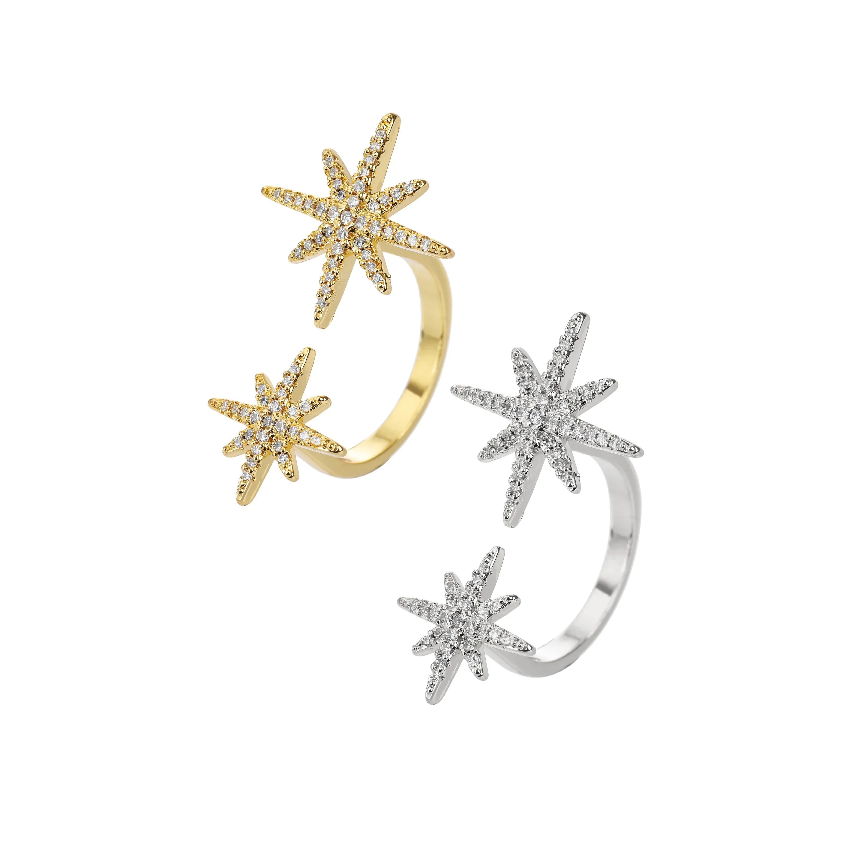 Gold Plated Micro Pave Double Starburst Trendy Adjustable Ring