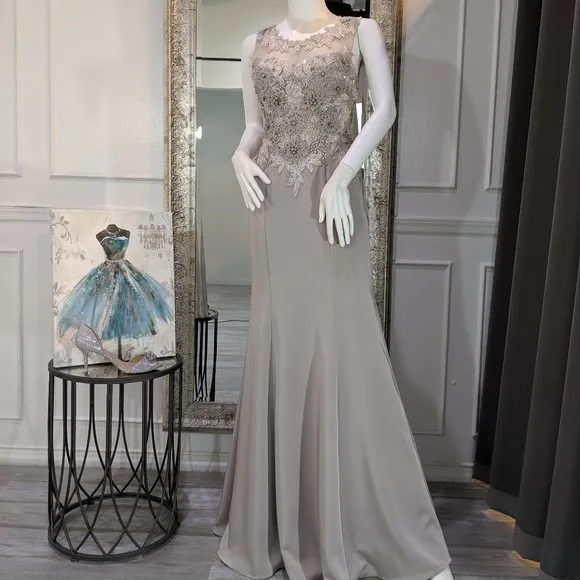 Grey Beaded Formal Evening Prom Dress Gown