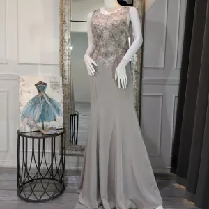 Grey Beaded Formal Evening Prom Dress Gown