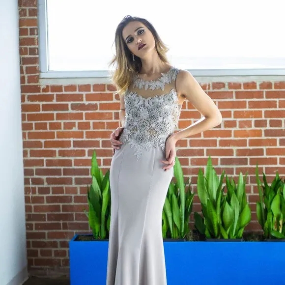 Grey Beaded Formal Evening Prom Dress Gown