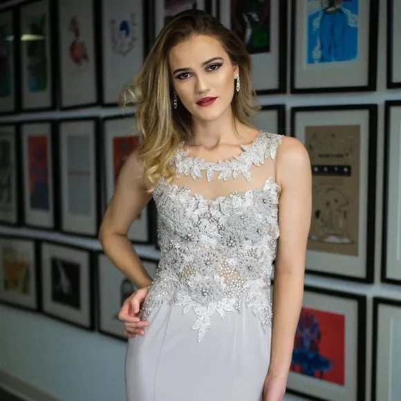Grey Beaded Formal Evening Prom Dress Gown