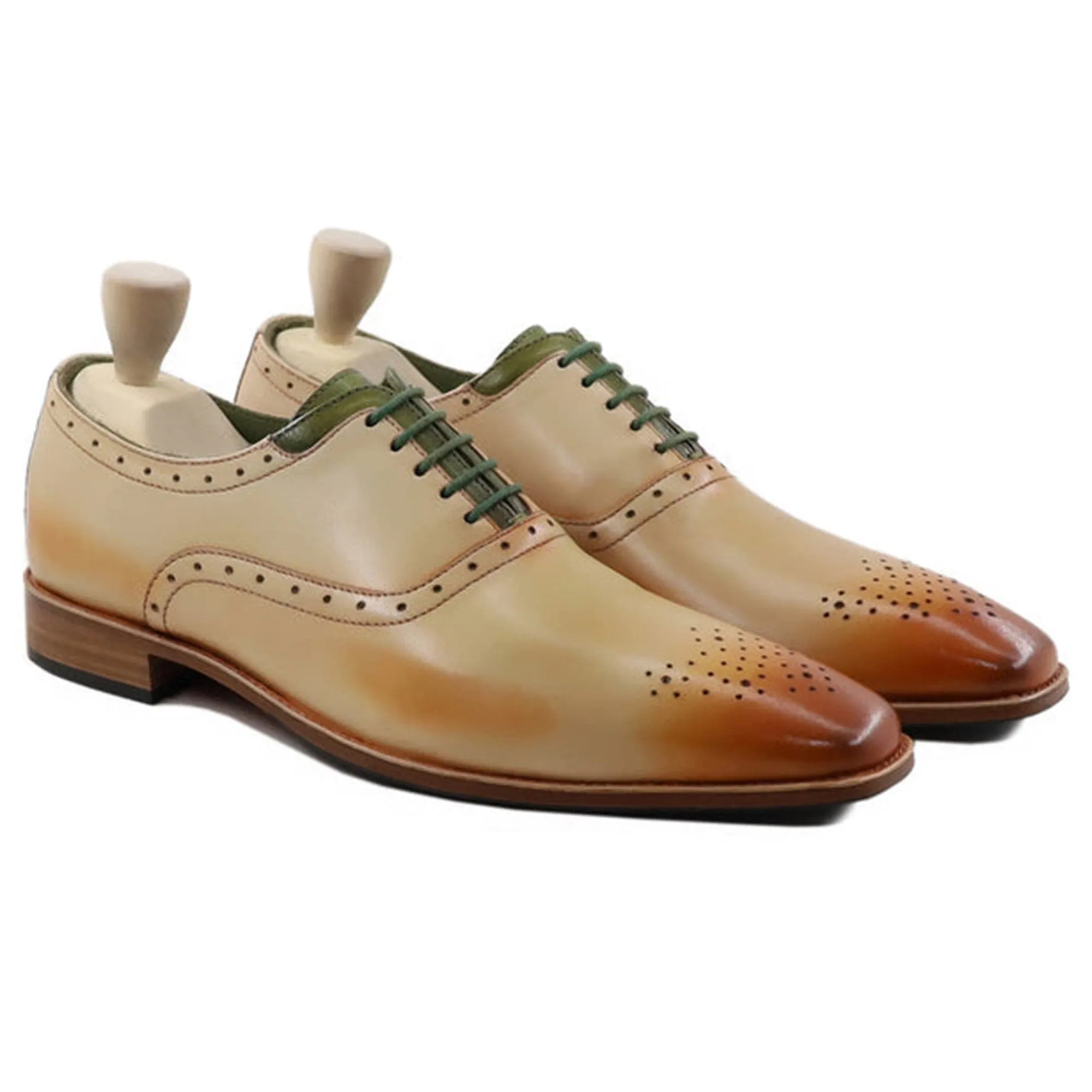 Handmade, Custom Men's Burnished Tan Beige Calf Leather Oxford Shoes