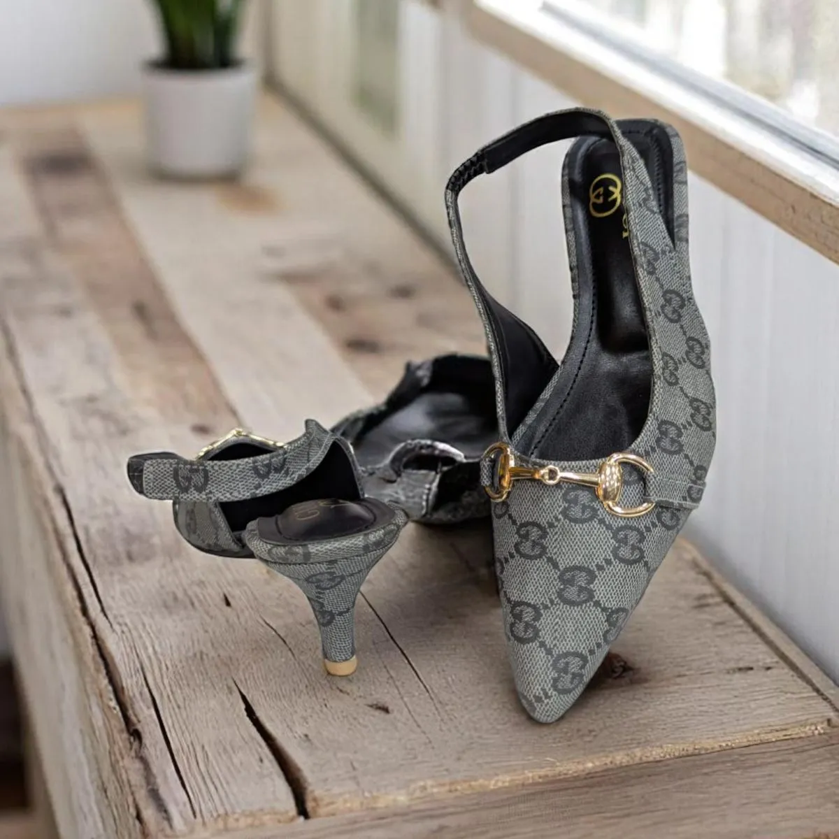 Horsebit Slingback Gray Pump Heels Canvas