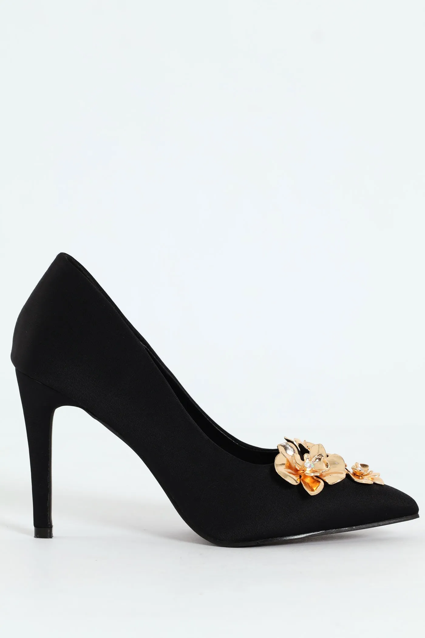 Jewelled Trimmed Court Heel - Black