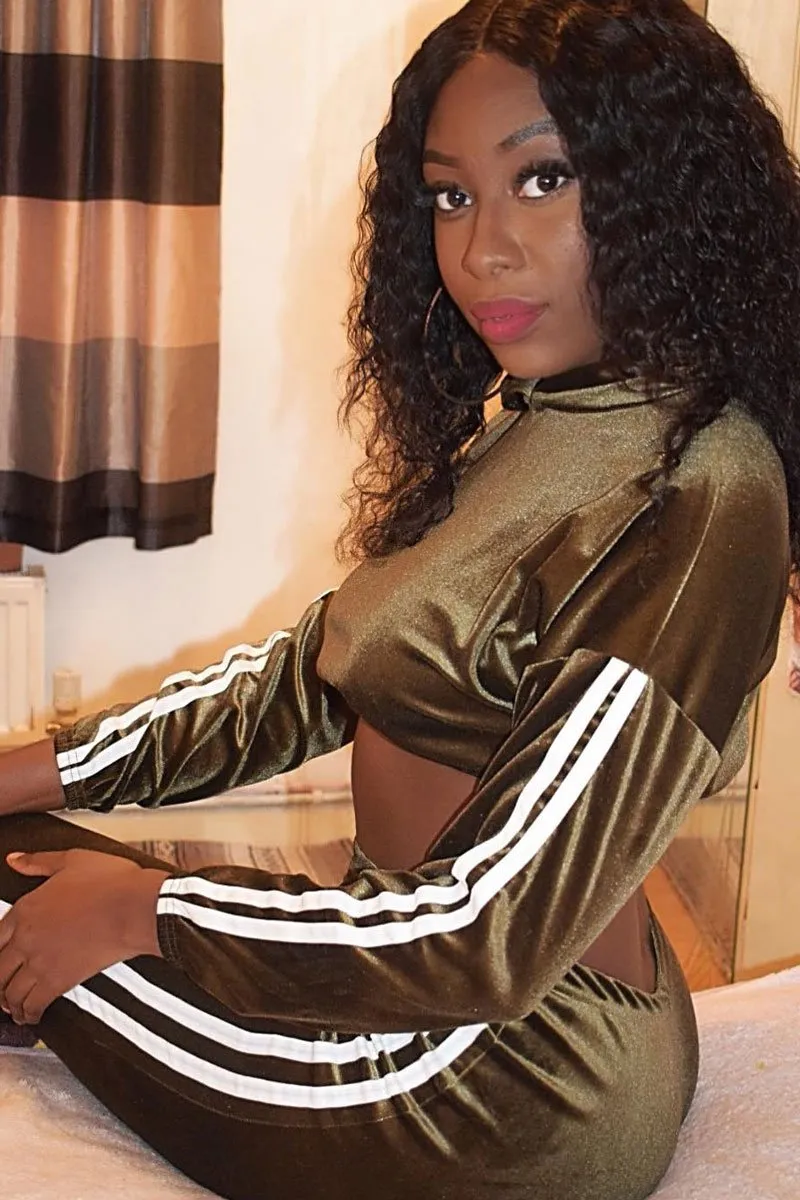 Khaki And White Stripe Velour Cropped Tracksuit - Deymi