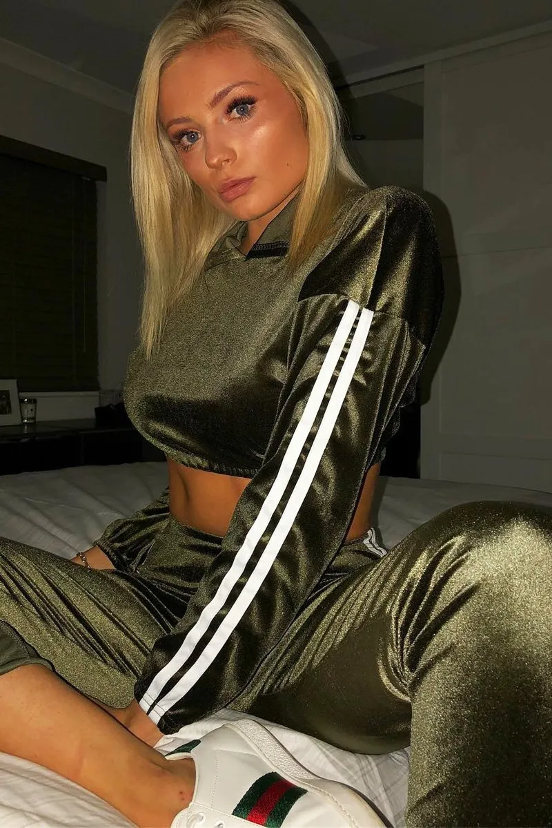 Khaki And White Stripe Velour Cropped Tracksuit - Deymi
