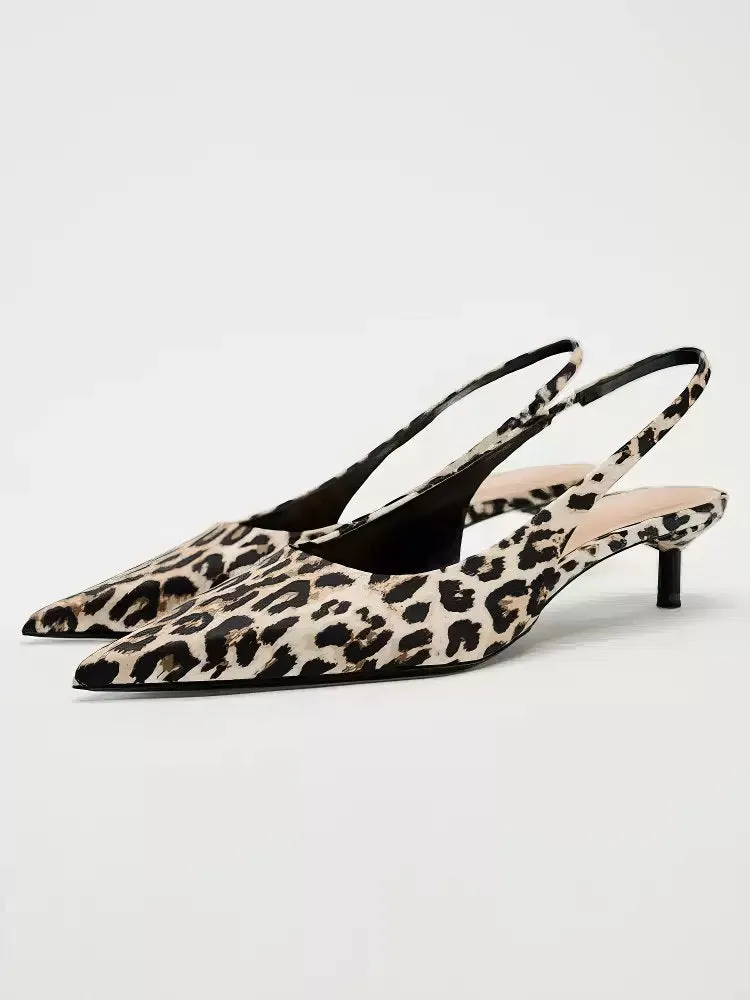 Leopard Print Pointed Toe Slingback Kitten Heels