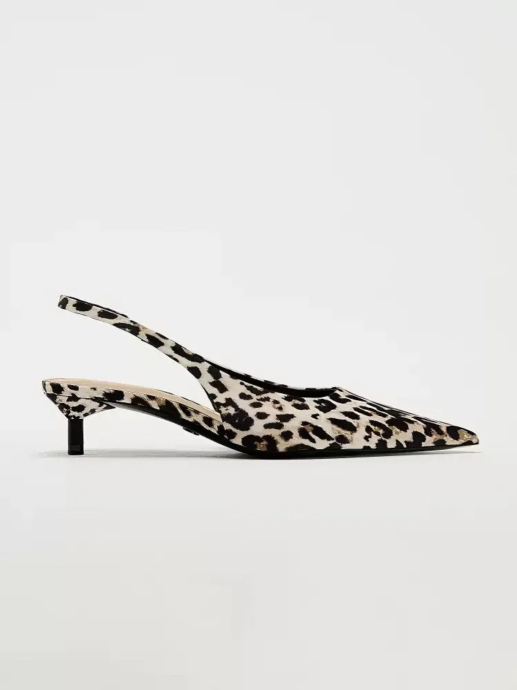 Leopard Print Pointed Toe Slingback Kitten Heels
