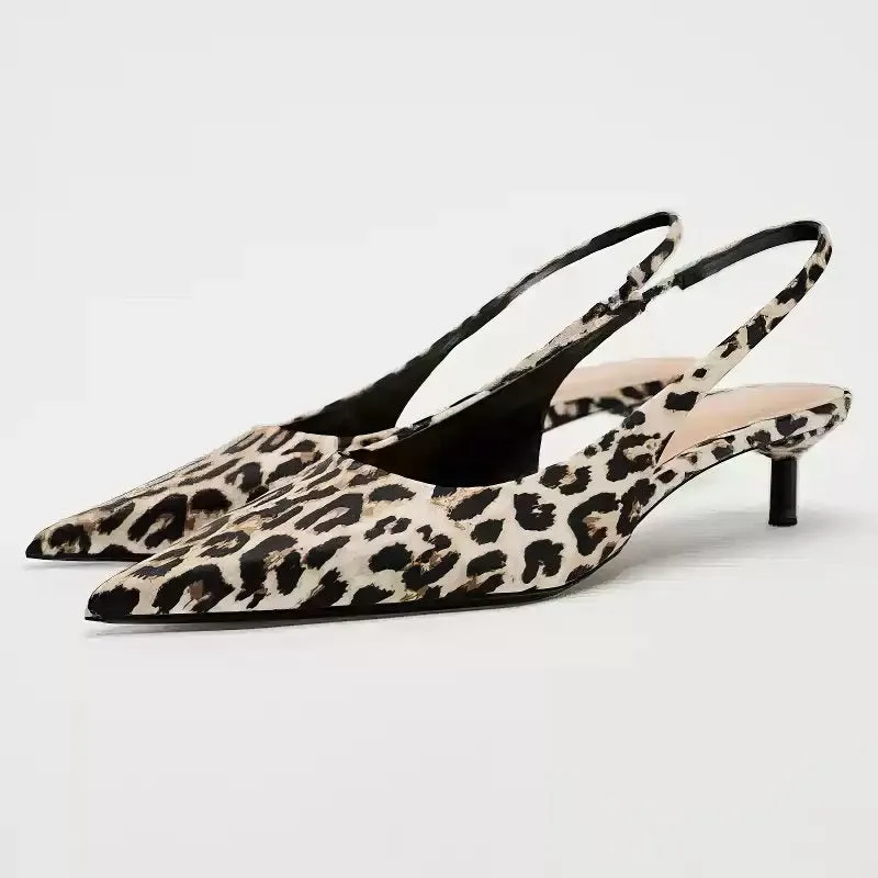 Leopard Print Pointed Toe Slingback Kitten Heels