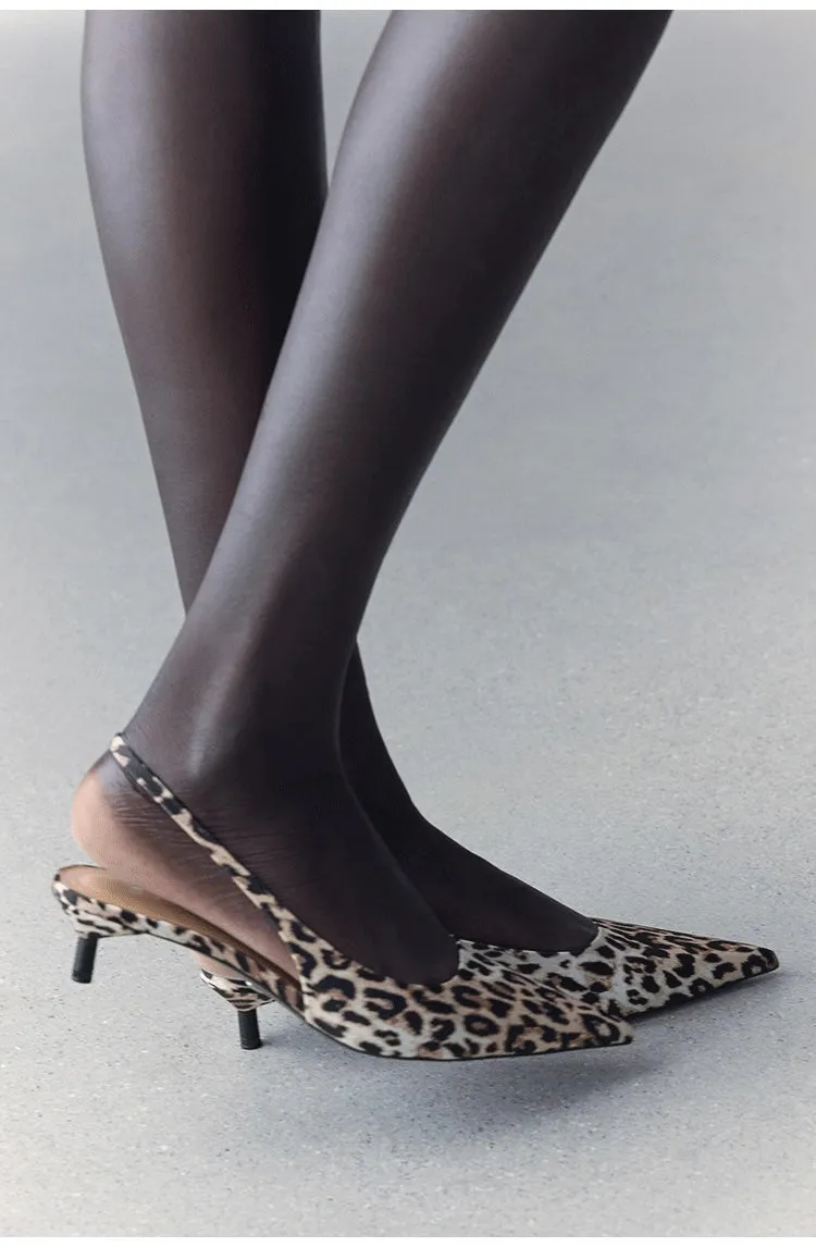 Leopard Print Pointed Toe Slingback Kitten Heels