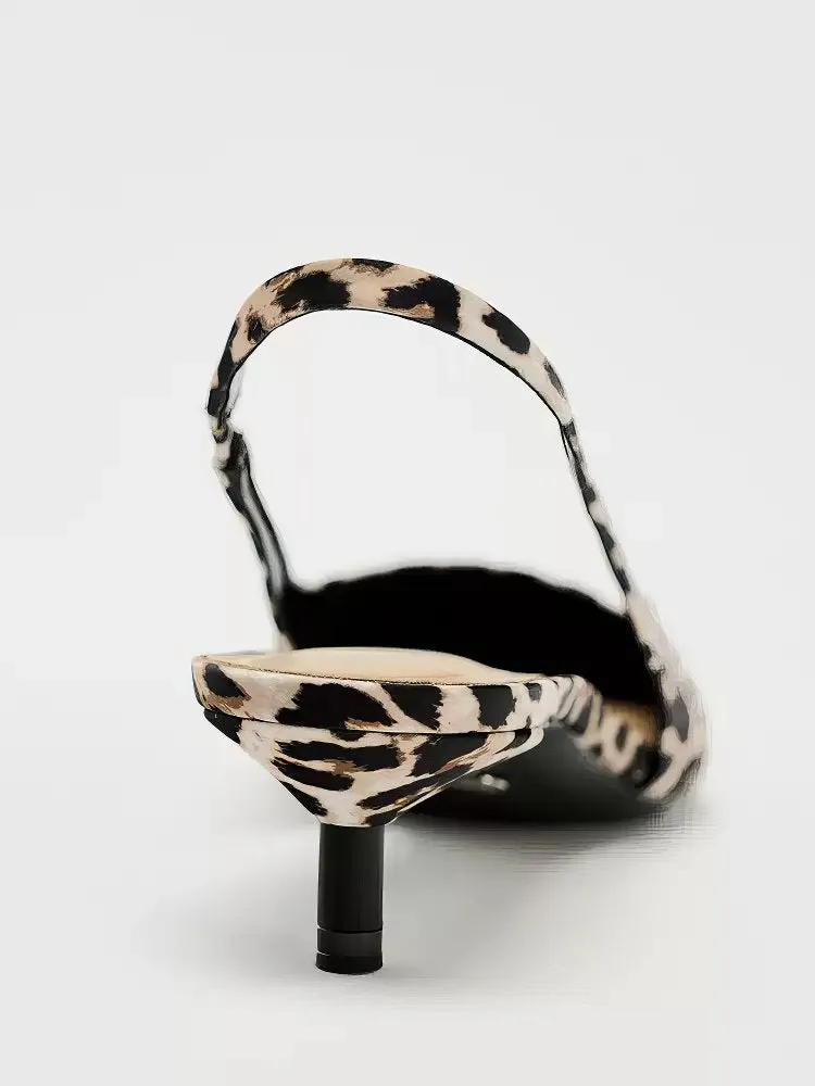 Leopard Print Pointed Toe Slingback Kitten Heels