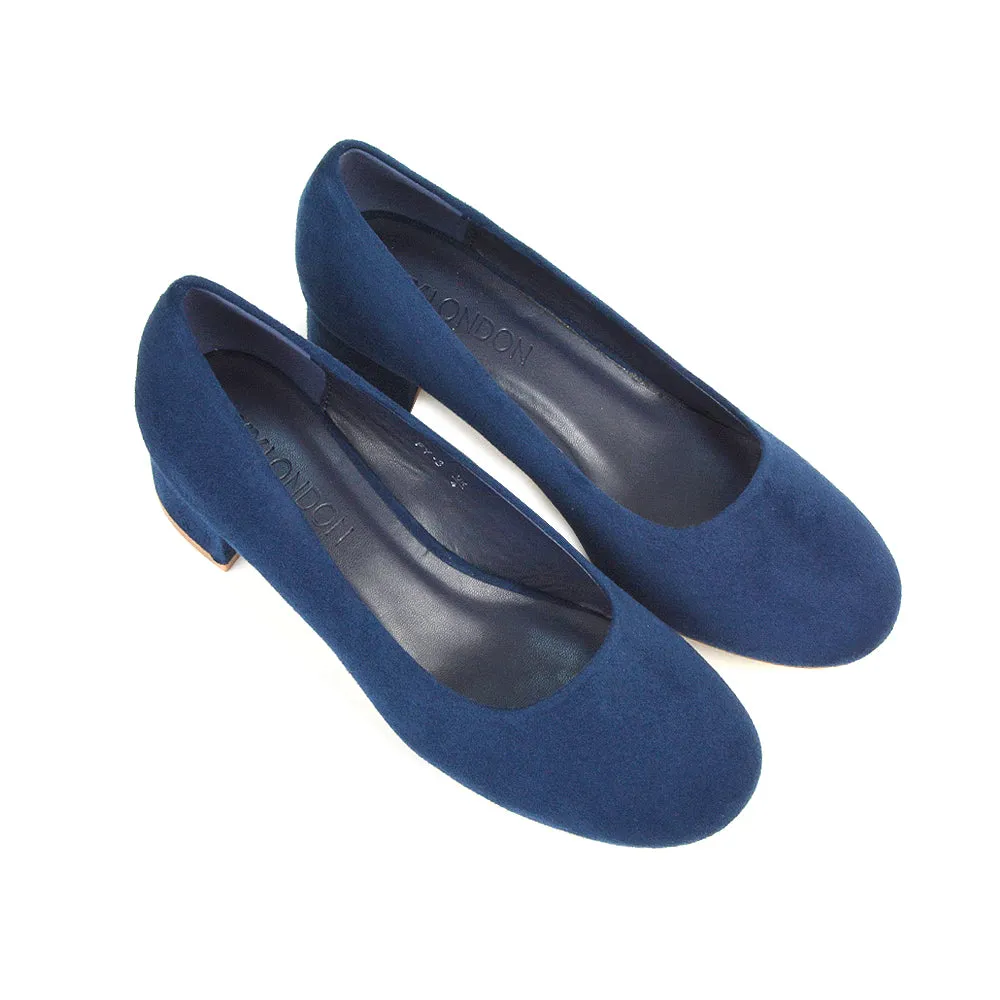 Liberty Low Block Heel Round Toe Slip On Classic Court Shoes in White Synthetic Leather