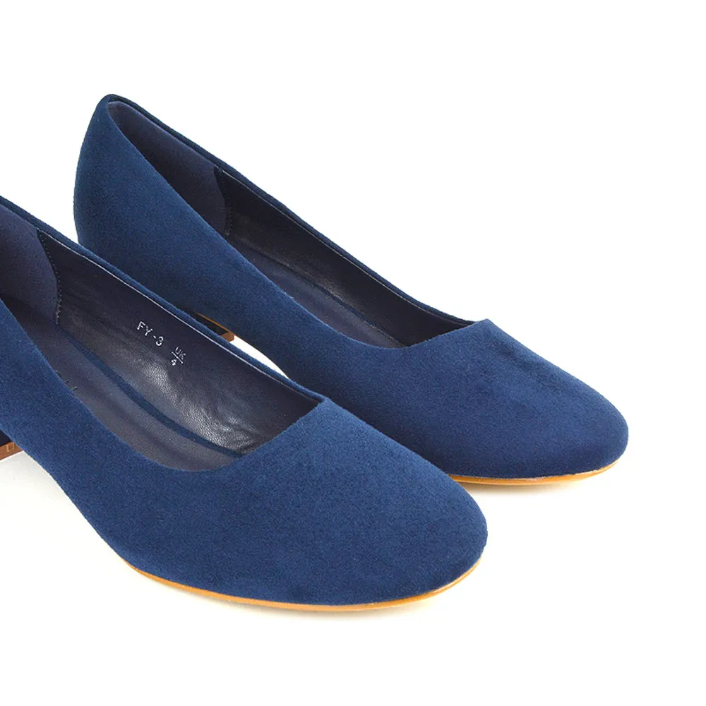 Liberty Low Block Heel Round Toe Slip On Classic Court Shoes in White Synthetic Leather