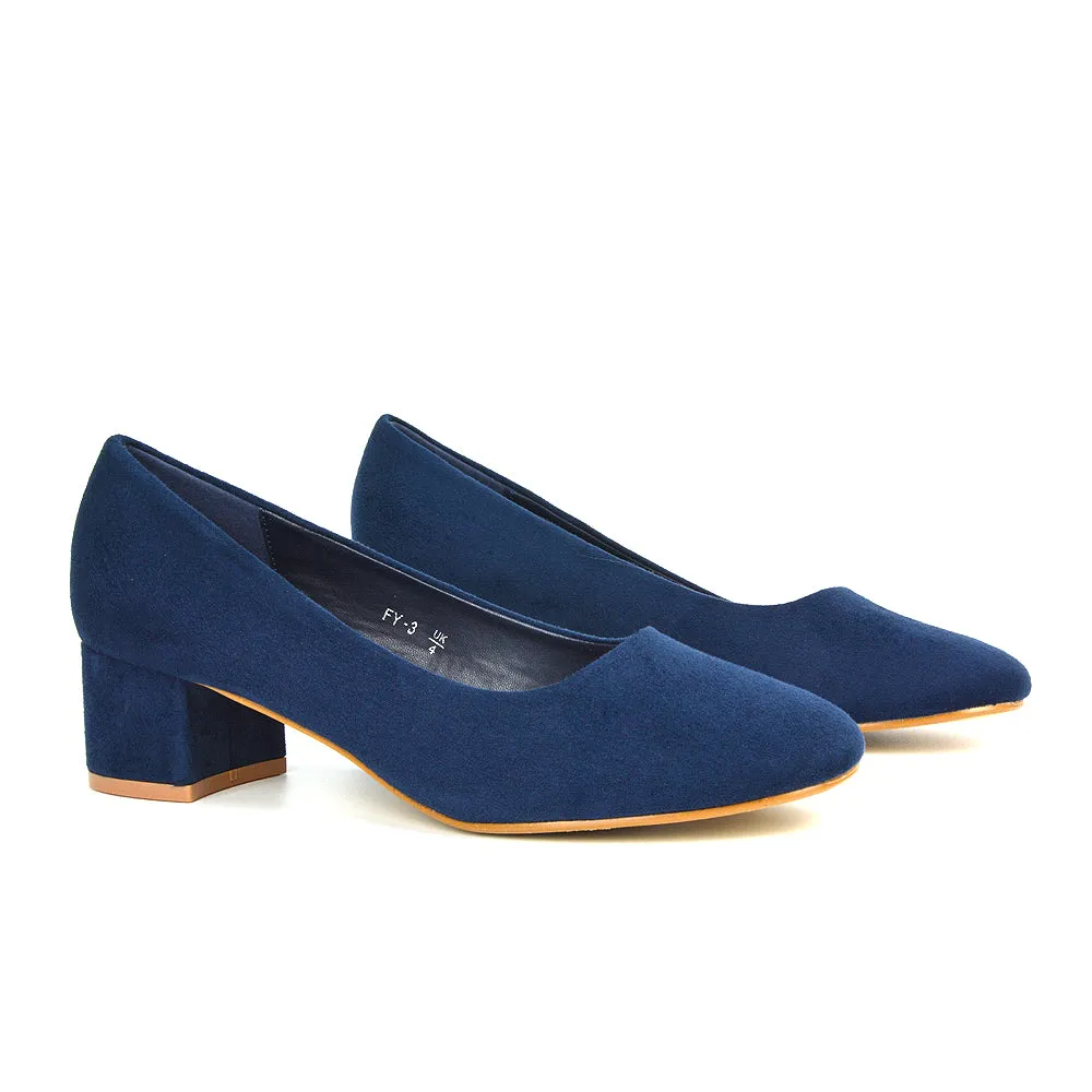 Liberty Low Block Heel Round Toe Slip On Classic Court Shoes in White Synthetic Leather