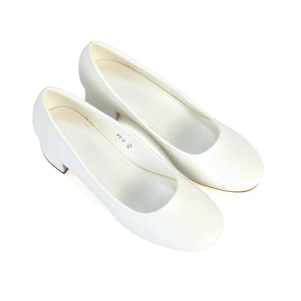 Liberty Low Block Heel Round Toe Slip On Classic Court Shoes in White Synthetic Leather