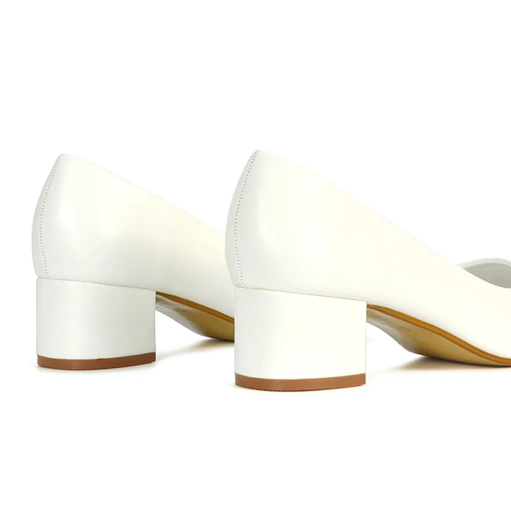 Liberty Low Block Heel Round Toe Slip On Classic Court Shoes in White Synthetic Leather
