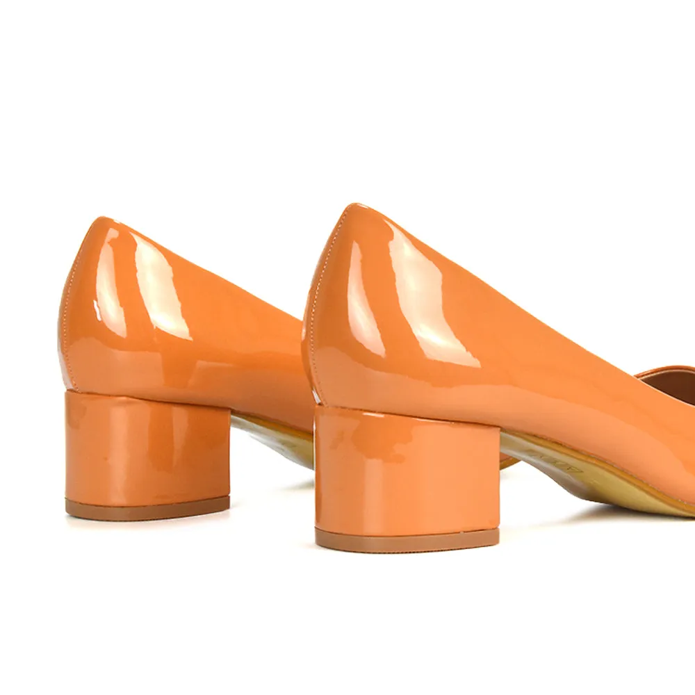 Liberty Low Block Heel Round Toe Slip On Classic Court Shoes in White Synthetic Leather