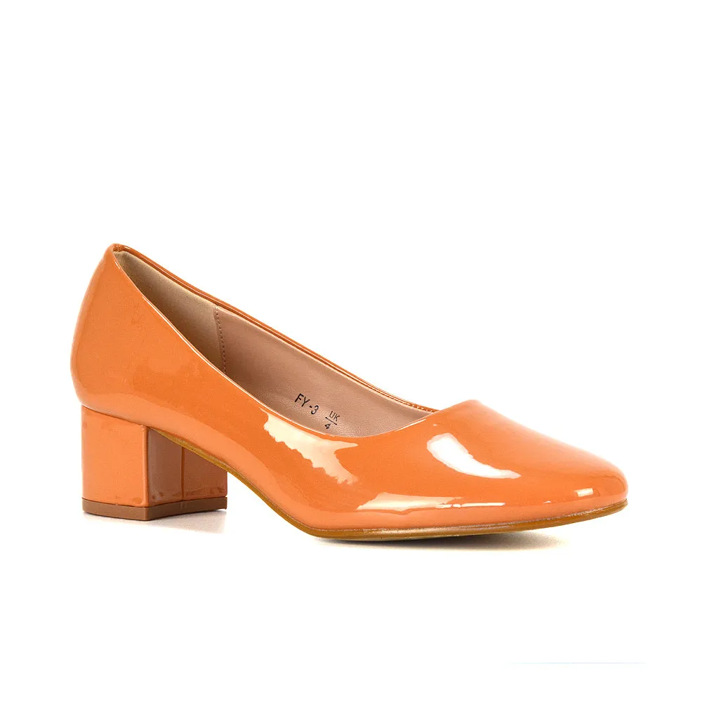 Liberty Low Block Heel Round Toe Slip On Classic Court Shoes in White Synthetic Leather