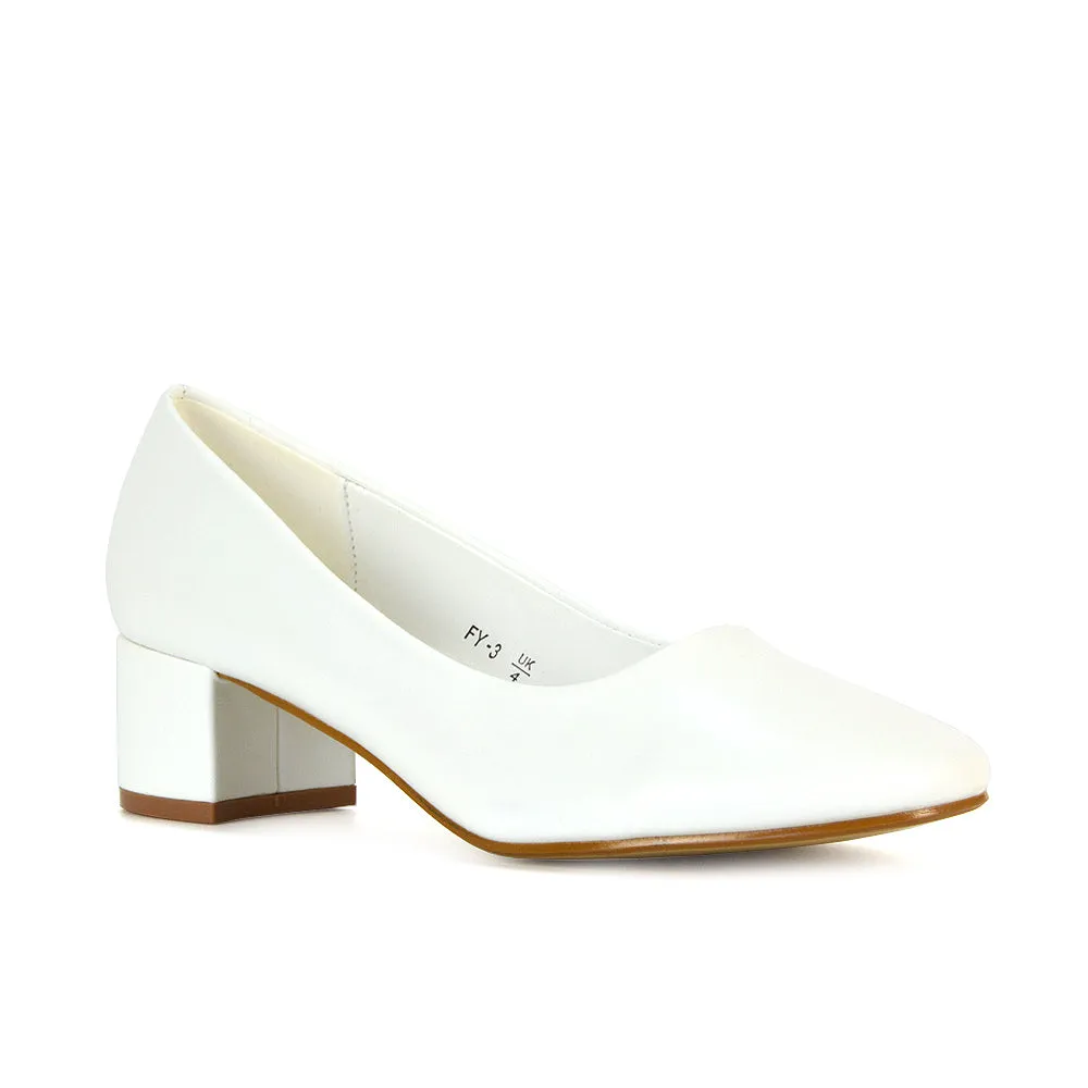 Liberty Low Block Heel Round Toe Slip On Classic Court Shoes in White Synthetic Leather