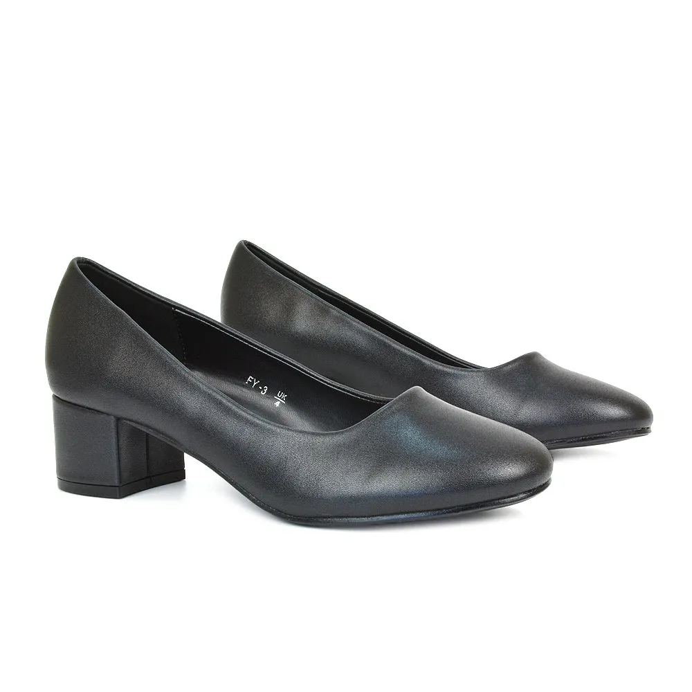 Liberty Low Block Heel Round Toe Slip On Classic Court Shoes in White Synthetic Leather