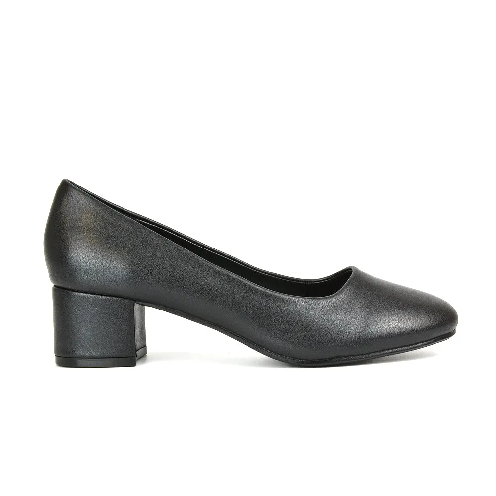 Liberty Low Block Heel Round Toe Slip On Classic Court Shoes in White Synthetic Leather