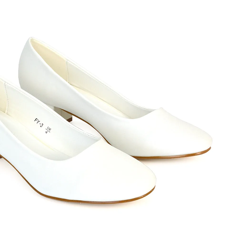Liberty Low Block Heel Round Toe Slip On Classic Court Shoes in White Synthetic Leather