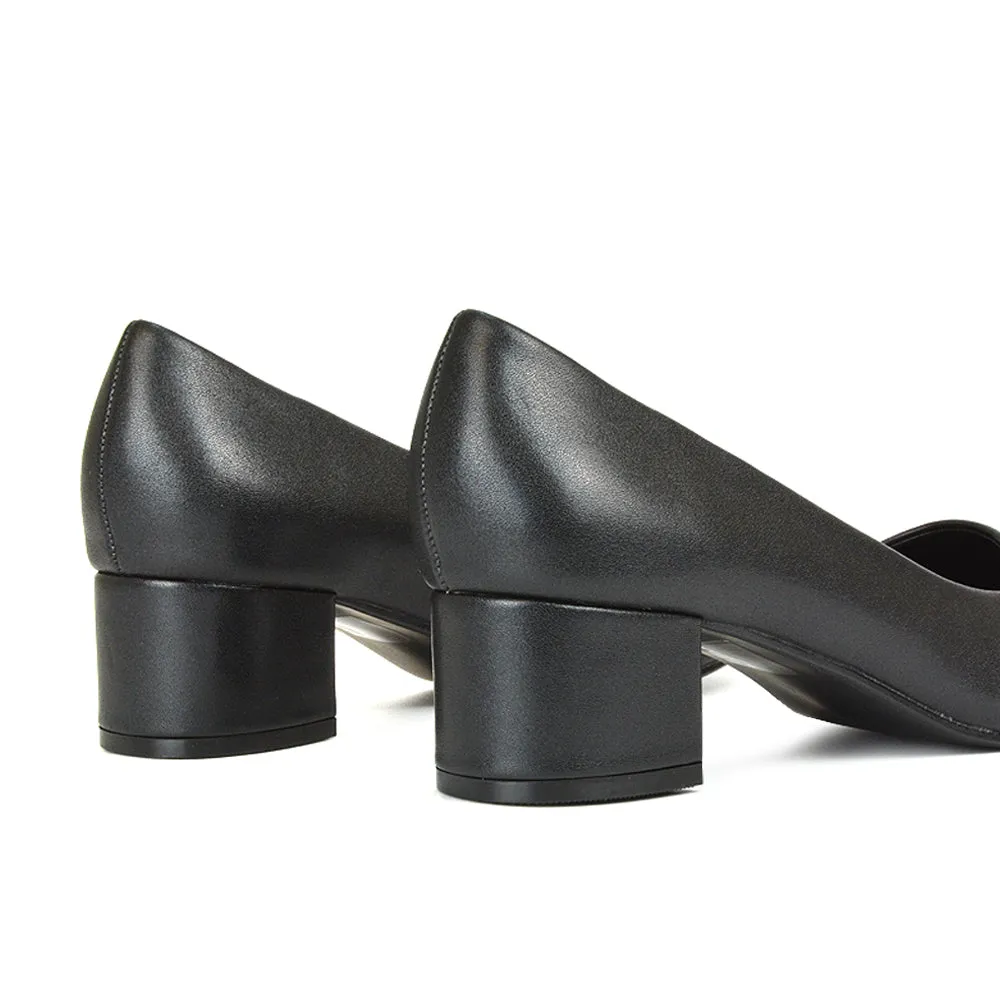 Liberty Low Block Heel Round Toe Slip On Classic Court Shoes in White Synthetic Leather
