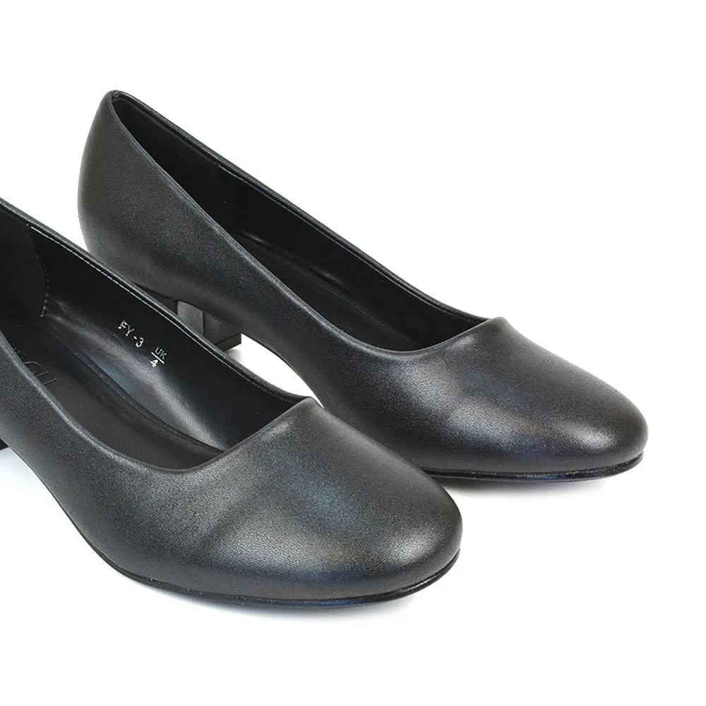 Liberty Low Block Heel Round Toe Slip On Classic Court Shoes in White Synthetic Leather