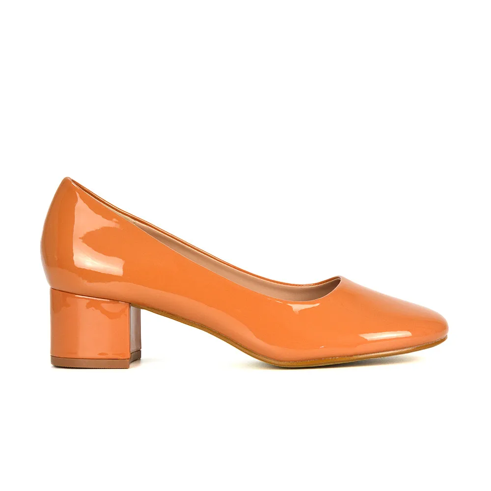 Liberty Low Block Heel Round Toe Slip On Classic Court Shoes in White Synthetic Leather