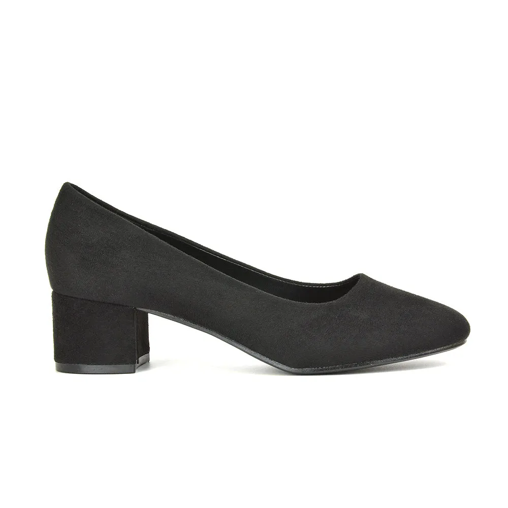 Liberty Low Block Heel Round Toe Slip On Classic Court Shoes in White Synthetic Leather
