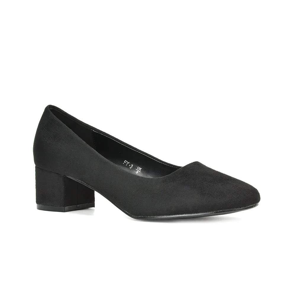 Liberty Low Block Heel Round Toe Slip On Classic Court Shoes in White Synthetic Leather