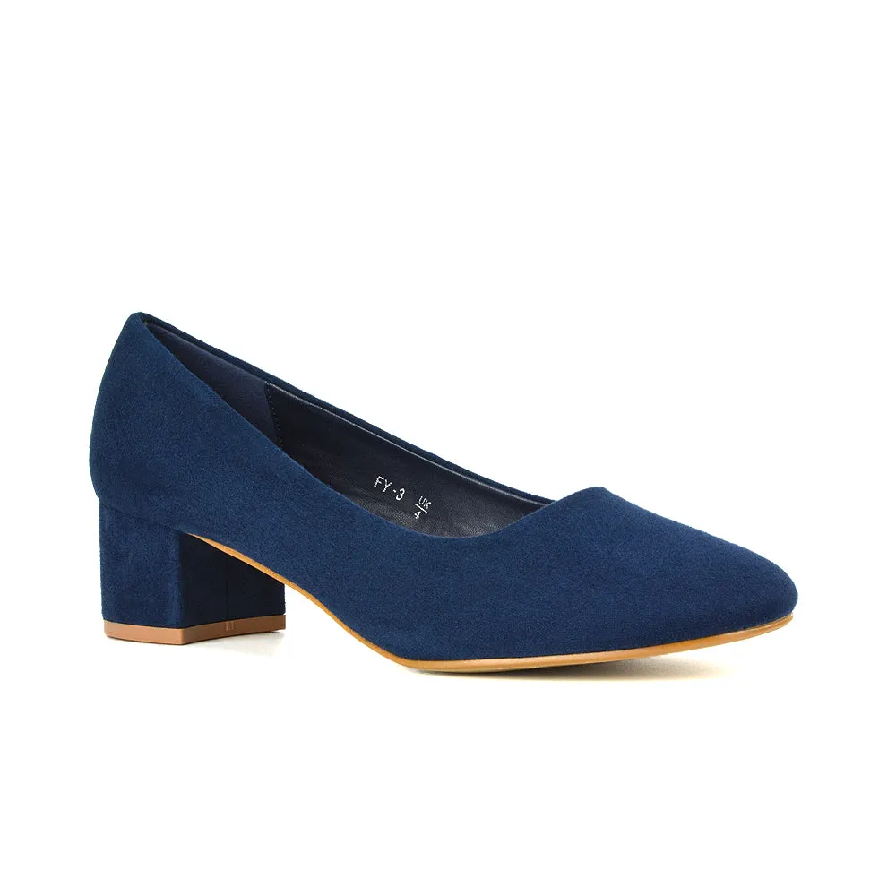 Liberty Low Block Heel Round Toe Slip On Classic Court Shoes in White Synthetic Leather