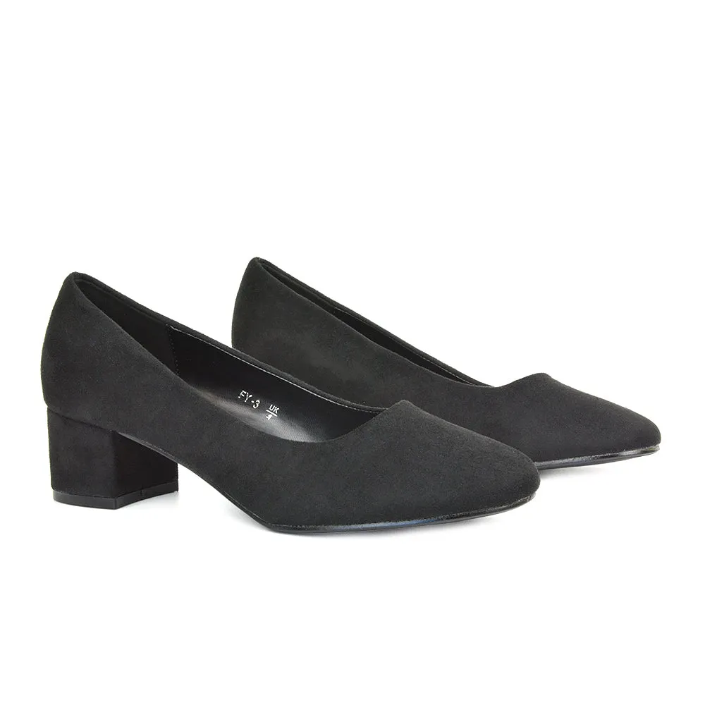 Liberty Low Block Heel Round Toe Slip On Classic Court Shoes in White Synthetic Leather