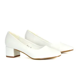 Liberty Low Block Heel Round Toe Slip On Classic Court Shoes in White Synthetic Leather