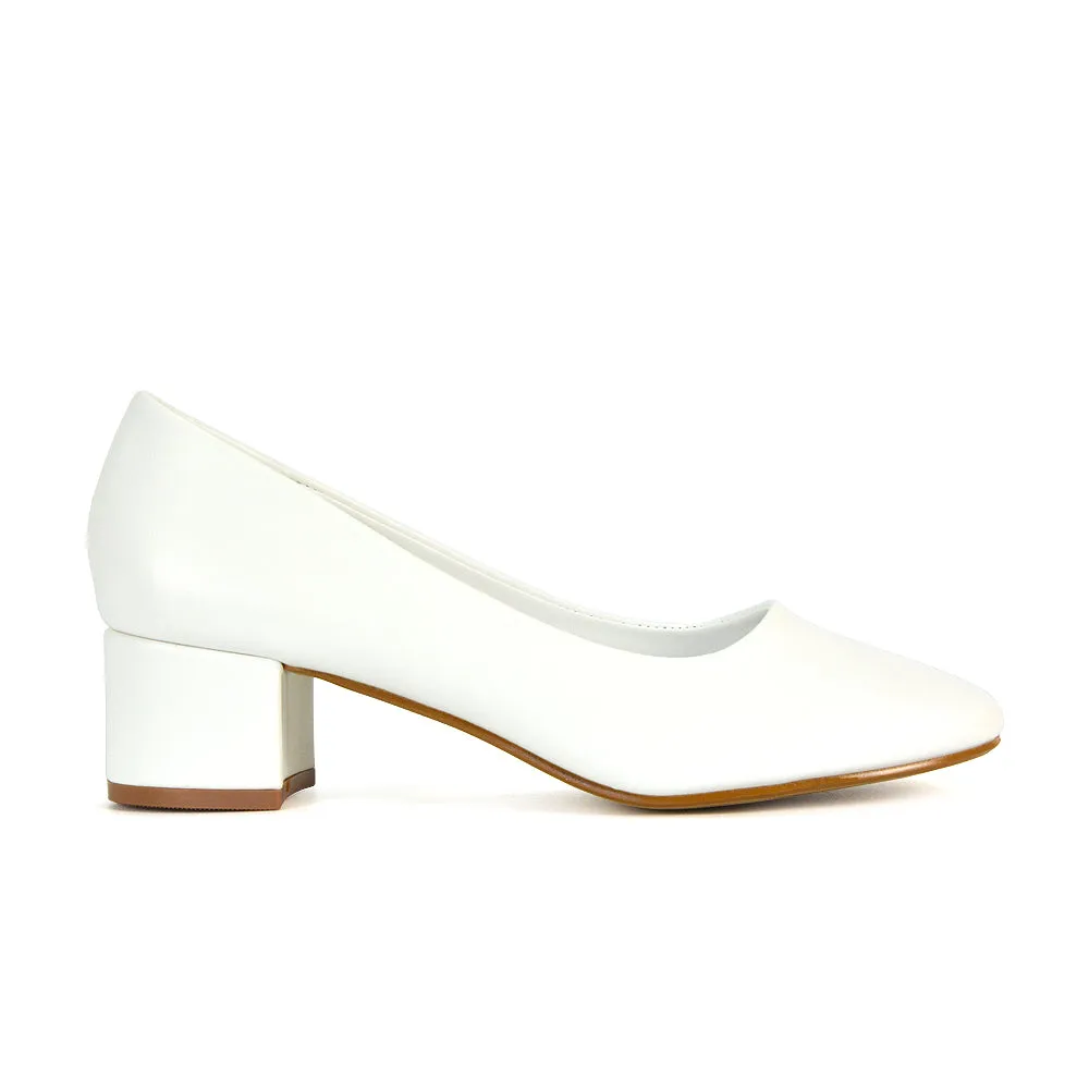 Liberty Low Block Heel Round Toe Slip On Classic Court Shoes in White Synthetic Leather