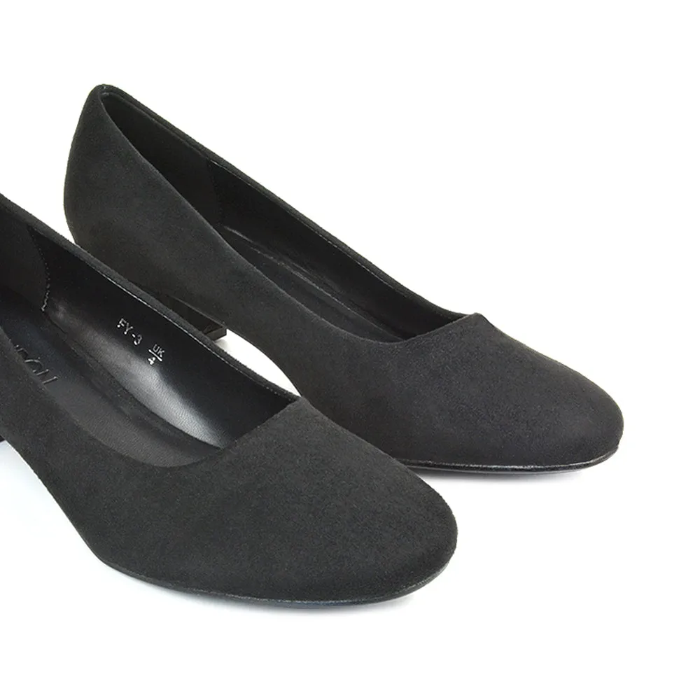 Liberty Low Block Heel Round Toe Slip On Classic Court Shoes in White Synthetic Leather