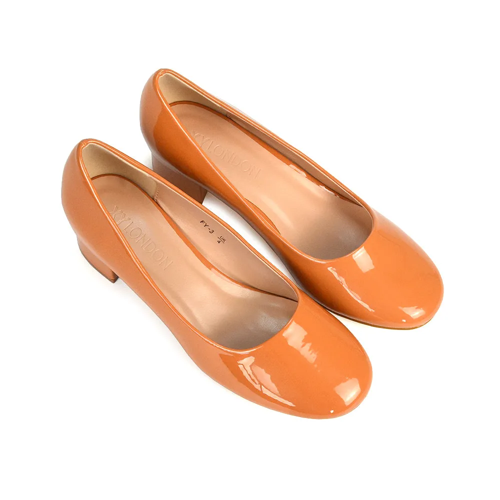 Liberty Low Block Heel Round Toe Slip On Classic Court Shoes in White Synthetic Leather