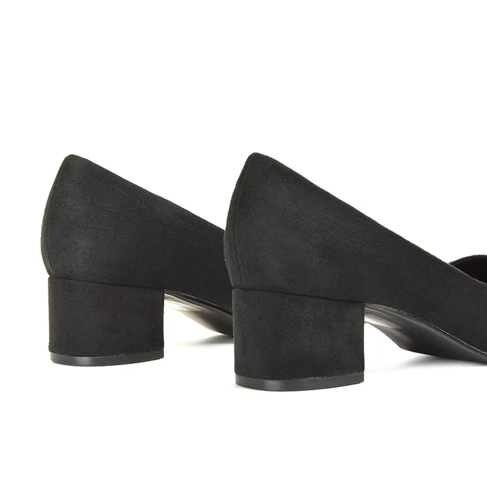 Liberty Low Block Heel Round Toe Slip On Classic Court Shoes in White Synthetic Leather