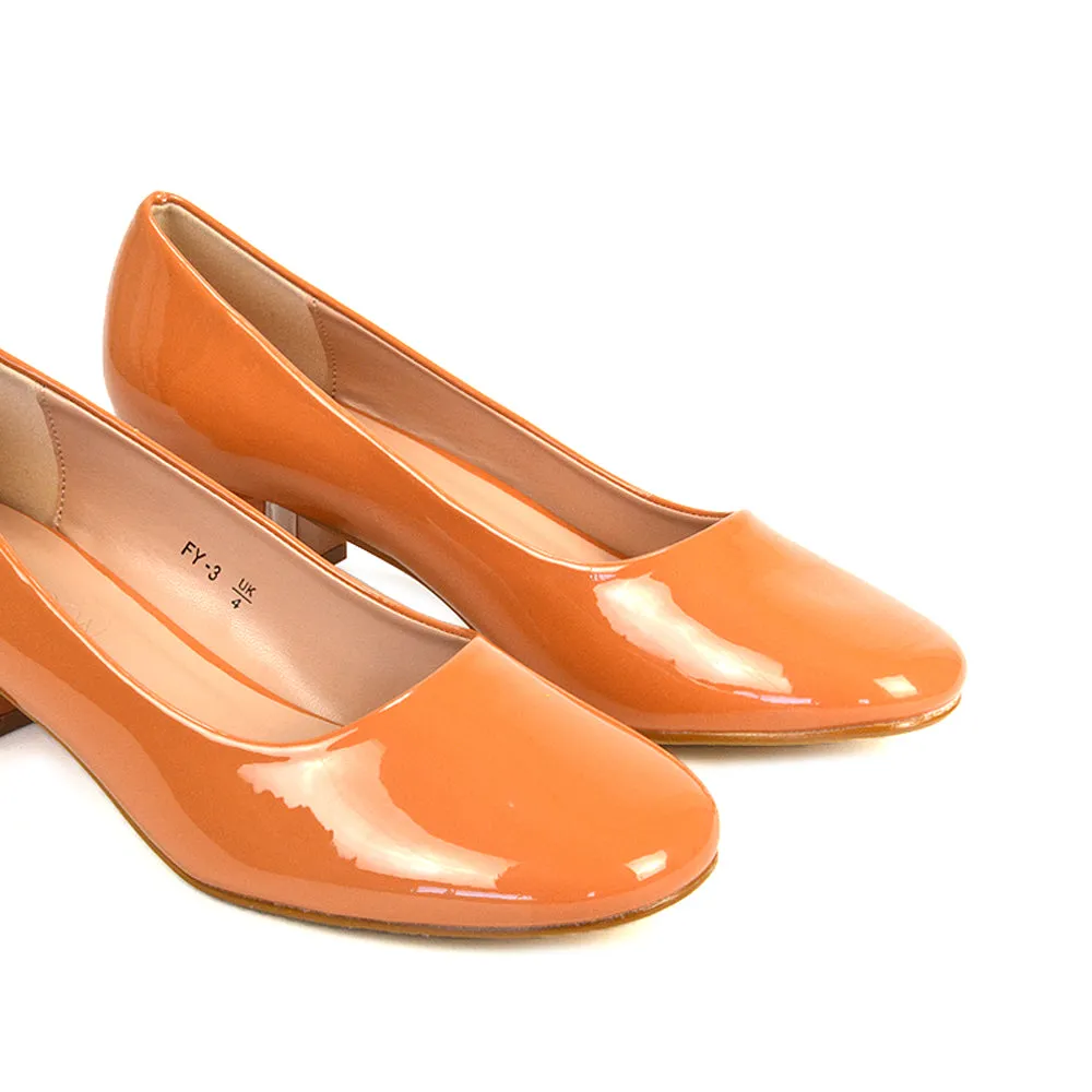 Liberty Low Block Heel Round Toe Slip On Classic Court Shoes in White Synthetic Leather