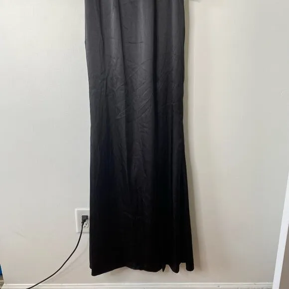 New ADRIANNA PAPELL Black Hammered Satin Slit Maxi Evening Gown Dress Size 2