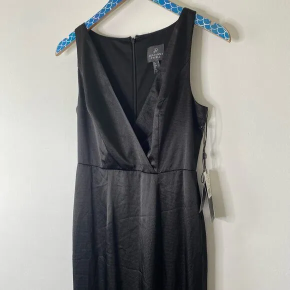New ADRIANNA PAPELL Black Hammered Satin Slit Maxi Evening Gown Dress Size 2